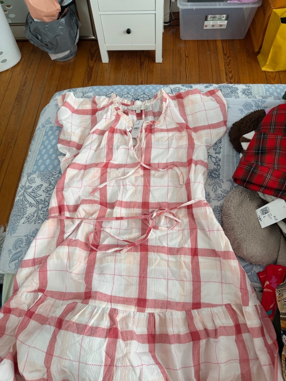 LOFT Red and White Checked Peasant Top